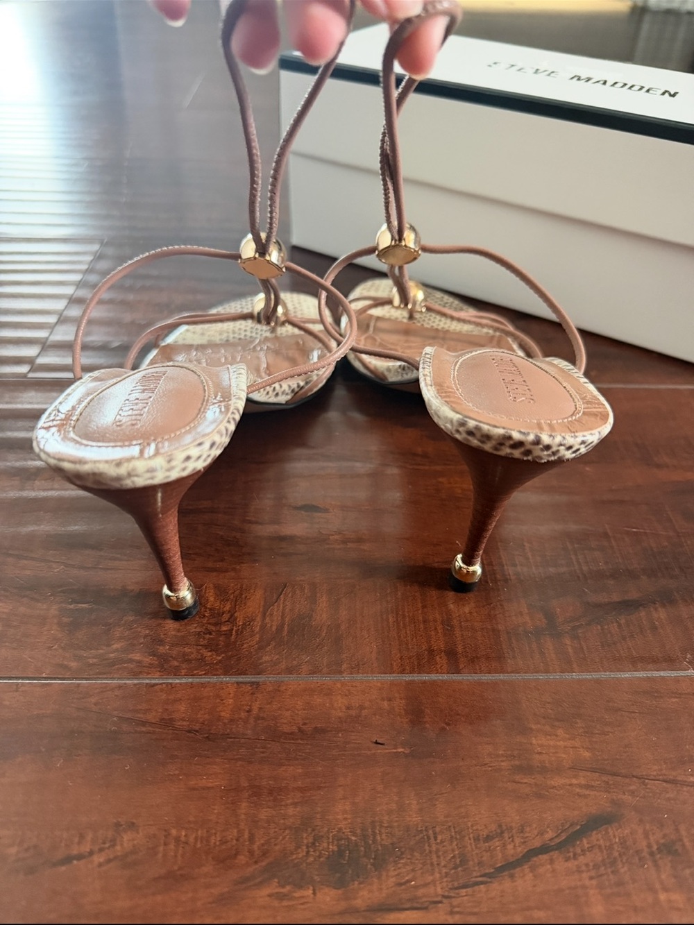 Steve Madden Ramos Tan Brown Snake-Print Strappy Heels with Gold Accents - Picture 4 of 6